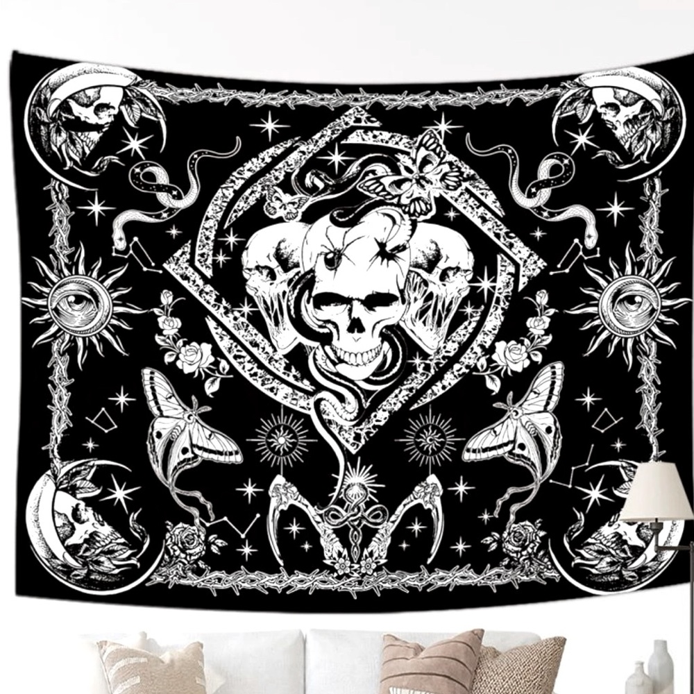 BOGO skull tapestry wall poster NWOT goth black & white witchy occult spooky